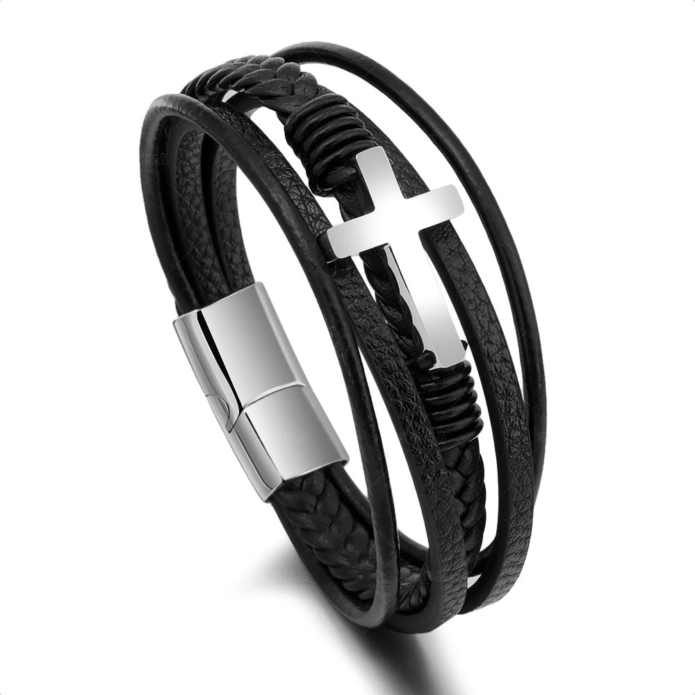 My Faith Steel Cross Bracelet worn on wrist—no clasp, no adjustability.