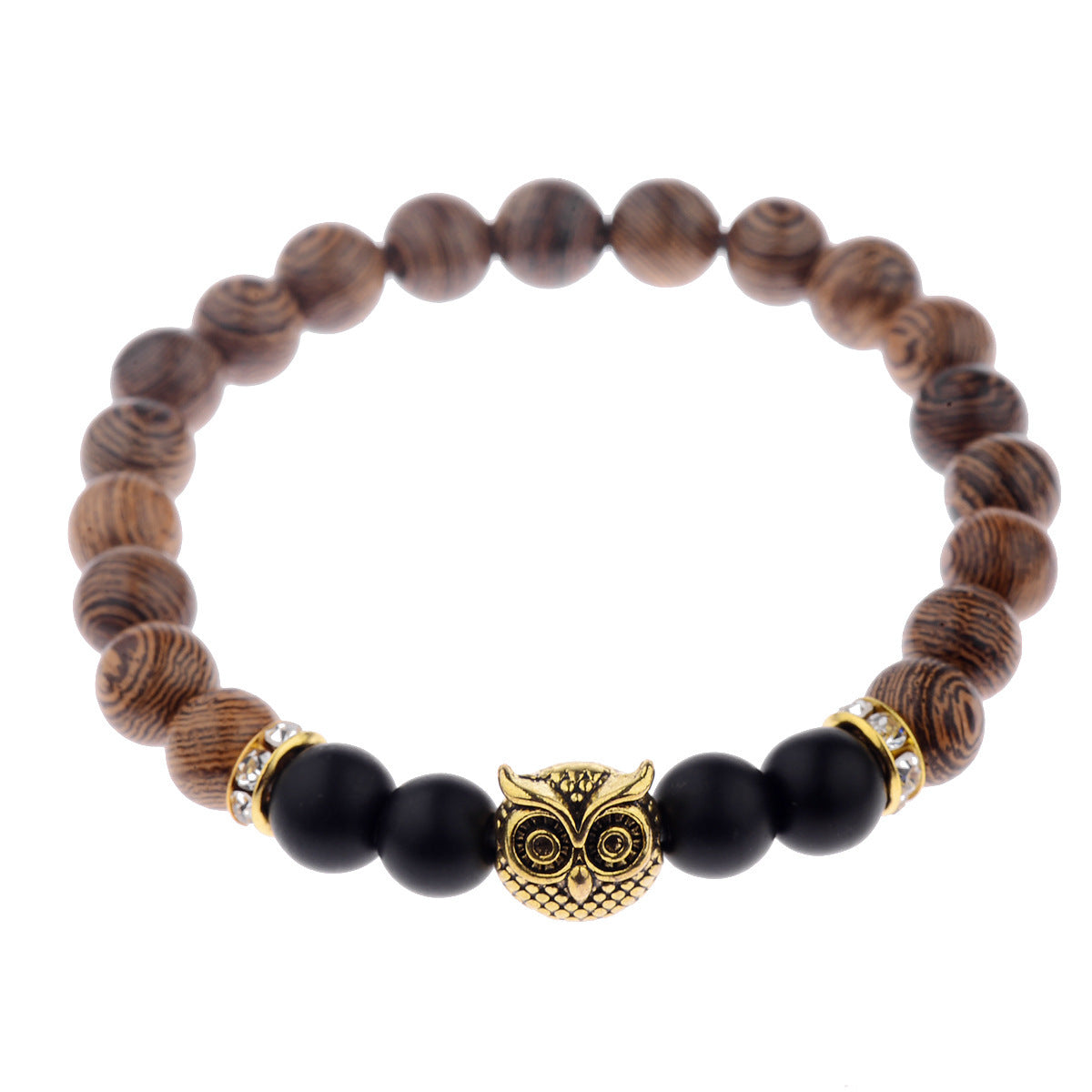 Close-up of owl-engraved frosted stone beads on wood grain bracelet.