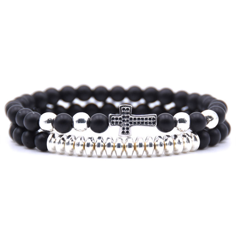 Black Covenant Cross Bracelet on rugged denim backdrop