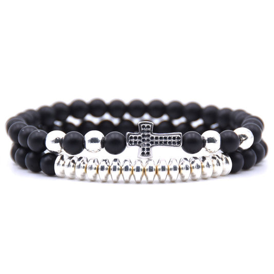 Black Covenant Cross Bracelet on rugged denim backdrop